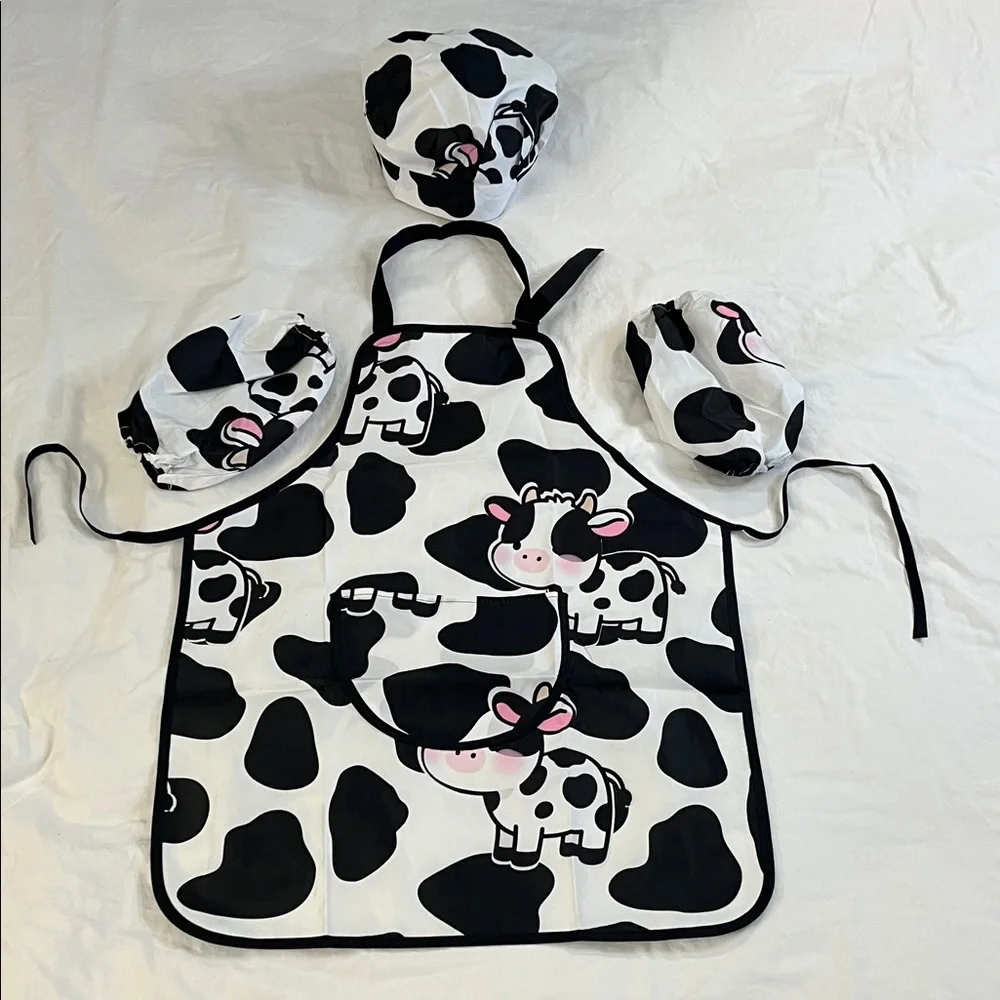 Kids 4 Pc Cow Print Apron and Chef Hat Set